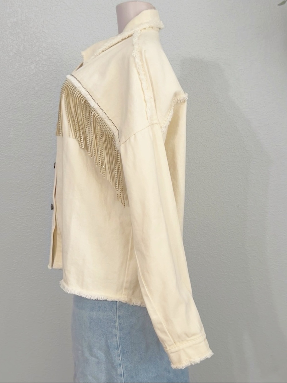 Western Rodeo Sequined Fringed Denim Jacket SZ L Off White - Picture 7 of 9